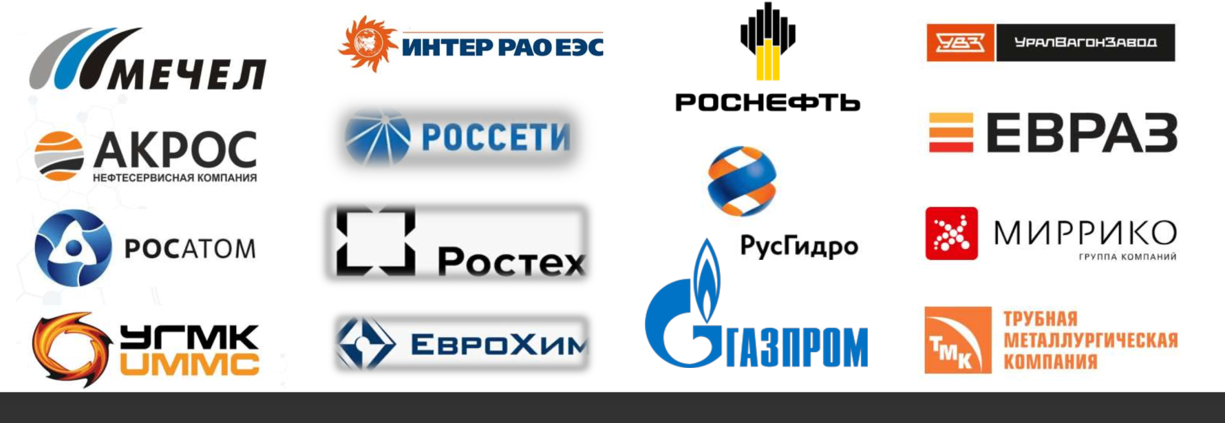 Логотипы клиентов: Мечел, Интер РАО ЕЭС, Роснефть, УралВагонЗавод, Акрос, Россети, Евраз, Росатом, Ростех, РусГидро, Миррико, УГМК, ЕвроХим, Газпром, ТМК